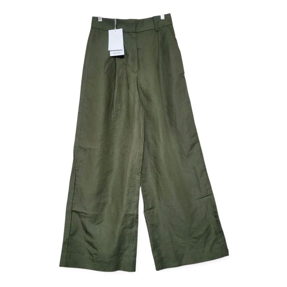 COS Size 4 NWT High Rise Wide Leg Pleated Linen Bl Pants Neutral Solid Green